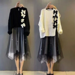 Bow Knot Decor Split Sweater Tulle Skirt Two Pieces Set ON241