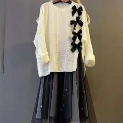 Bow Knot Decor Split Sweater Tulle Skirt Two Pieces Set ON241 -EgrilDoll Fashion Outlet Store O1CN01hcNVQJ1wj8xiF4Gmo 2572646343