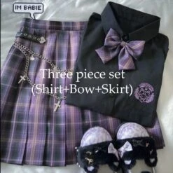 Black Blouse Purple Bow Plaid Skirt JK School Uniforms Three Piece Set EG16133 -EgrilDoll Fashion Outlet Store black blouse purple bow plaid skirt jk school uniforms three piece set eg16133 3pcs 689