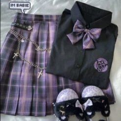Black Blouse Purple Bow Plaid Skirt JK School Uniforms Three Piece Set EG16133
