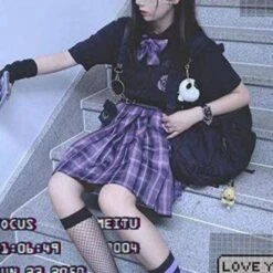 Black Blouse Purple Bow Plaid Skirt JK School Uniforms Three Piece Set EG16133 -EgrilDoll Fashion Outlet Store black blouse purple bow plaid skirt jk school uniforms three piece set eg16133 uniform 921
