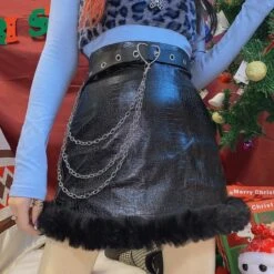 Black Furry-edged PU Leather Skirt EE0709 -EgrilDoll Fashion Outlet Store black furry edged pu leather skirt ee0709 626