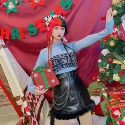 Black Furry-edged PU Leather Skirt SE0709 -EgrilDoll Fashion Outlet Store black furry edged pu leather skirt se0709 365