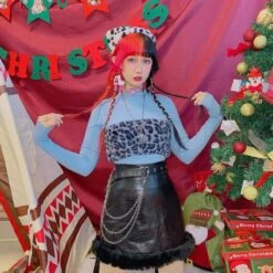 Black Furry-edged PU Leather Skirt SE0709 -EgrilDoll Fashion Outlet Store black furry edged pu leather skirt se0709 528