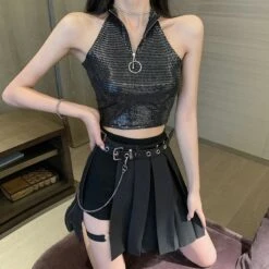 Black Gothic Irregular High Waist Pleated Skirt Suit EG361 -EgrilDoll Fashion Outlet Store black gothic irregular high waist pleated skirt suit eg361 topshortsskirtbelt s topskirt 923