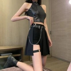 Black Gothic Irregular High Waist Pleated Skirt Suit EG361 -EgrilDoll Fashion Outlet Store black gothic irregular high waist pleated skirt suit eg361 topskirt 414