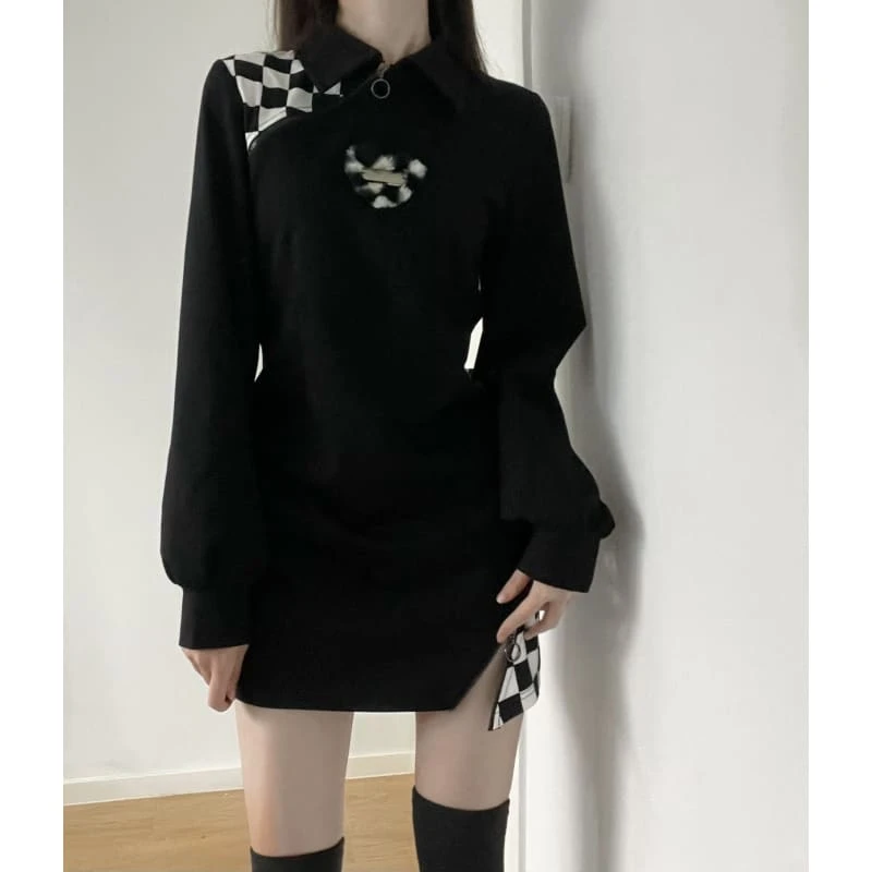 Black Gray Lovely Heart Checker Detail Dress ON597 3 Black Gray Lovely Heart Checker Detail Dress ON597 - Image 3