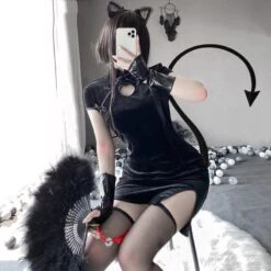 Black Hollow Out Asian Cheongsam Dress EE0819