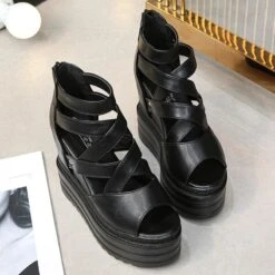 Black Platform Cross Casual Sandals EE0863 -EgrilDoll Fashion Outlet Store black platform cross casual sandals ee0863 shoes 238