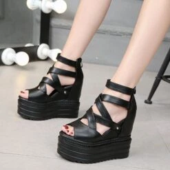 Black Platform Cross Casual Sandals EE0863 -EgrilDoll Fashion Outlet Store black platform cross casual sandals ee0863 shoes 264