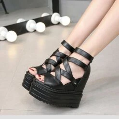 Black Platform Cross Casual Sandals EE0863