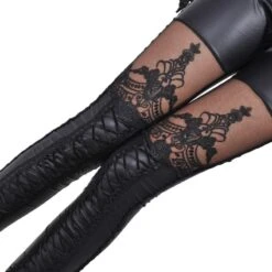 Black Punk Stitching Lace Stretch Skinny Faux Leather Leggings Pants EG16831