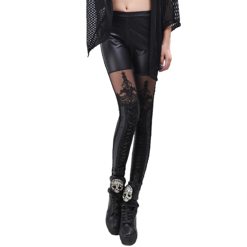 Black Punk Stitching Lace Stretch Skinny Faux Leather Leggings Pants EG16831 4 Black Punk Stitching Lace Stretch Skinny Faux Leather Leggings Pants EG16831 - Image 4