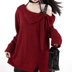 Black Red Knitting Sweater Off Shoulder Two Pieces ON596 -EgrilDoll Fashion Outlet Store black red knitting sweater off shoulder two pieces on596 s set 512