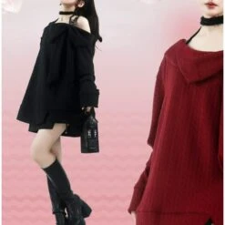 Black Red Knitting Sweater Off Shoulder Two Pieces ON596