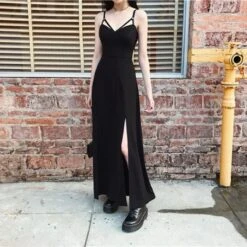 Black V-Neck Strap Open Leg Slit Long Dress EE0904 -EgrilDoll Fashion Outlet Store black v neck strap open leg slit long dress ee0904 307