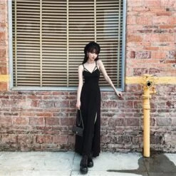 Black V-Neck Strap Open Leg Slit Long Dress EE0904 -EgrilDoll Fashion Outlet Store black v neck strap open leg slit long dress ee0904 478