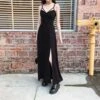 Black V-Neck Strap Open Leg Slit Long Dress EE0904