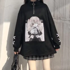 Black White Anime Girl Print Zipper Sweatshirt EG570 16 Black White Anime Girl Print Zipper Sweatshirt EG570 -EgrilDoll Fashion Outlet Store black white anime girl print zipper sweatshirt eg570 121