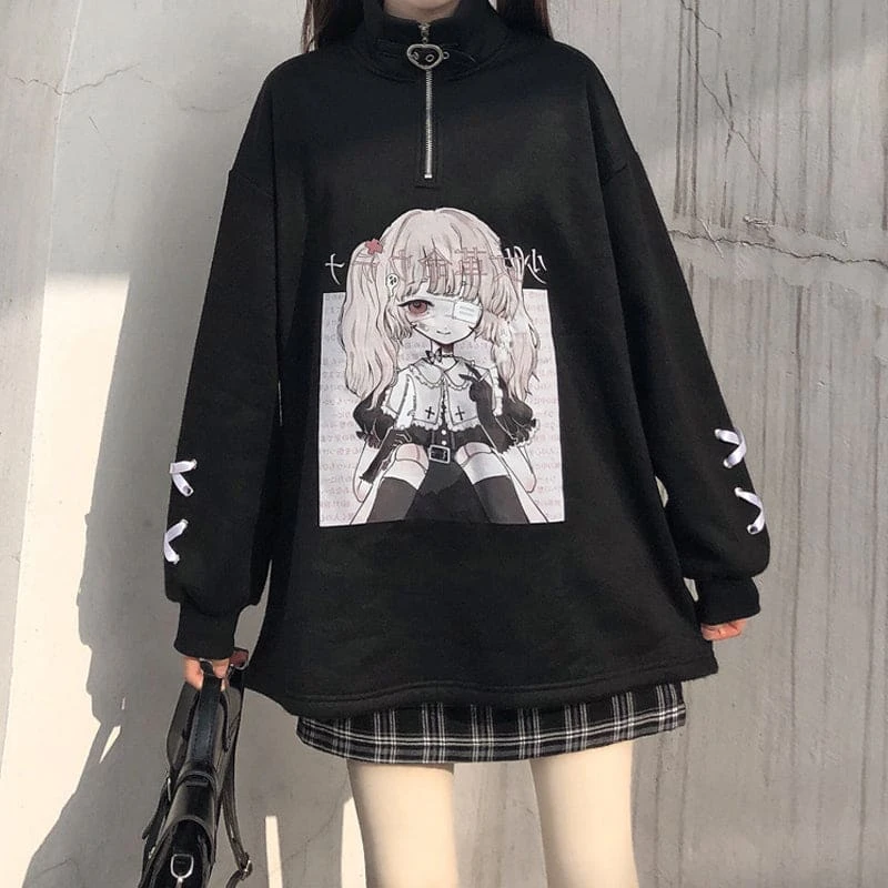 Black White Anime Girl Print Zipper Sweatshirt EG570 4 Black White Anime Girl Print Zipper Sweatshirt EG570 - Image 4