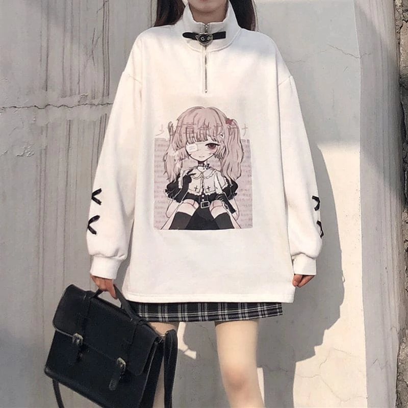 Black White Anime Girl Print Zipper Sweatshirt EG570 2 Black White Anime Girl Print Zipper Sweatshirt EG570 - Image 2