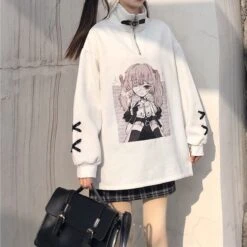 Black White Anime Girl Print Zipper Sweatshirt EG570 17 Black White Anime Girl Print Zipper Sweatshirt EG570 -EgrilDoll Fashion Outlet Store black white anime girl print zipper sweatshirt eg570 493