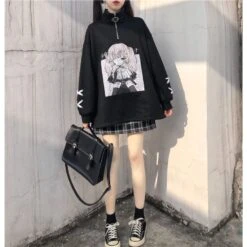 Black White Anime Girl Print Zipper Sweatshirt EG570 19 Black White Anime Girl Print Zipper Sweatshirt EG570 -EgrilDoll Fashion Outlet Store black white anime girl print zipper sweatshirt eg570 528