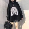 Black White Anime Girl Print Zipper Sweatshirt EG570