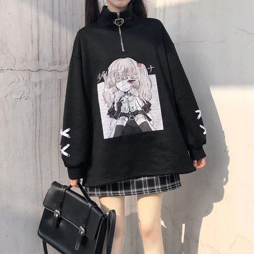 Black White Anime Girl Print Zipper Sweatshirt EG570 8 Black White Anime Girl Print Zipper Sweatshirt EG570 - Image 8