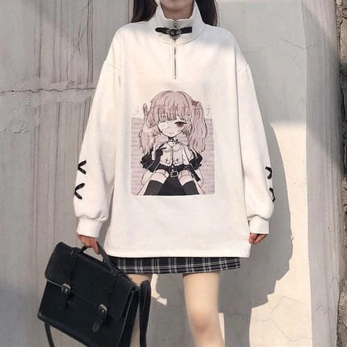 Black White Anime Girl Print Zipper Sweatshirt EG570 9 Black White Anime Girl Print Zipper Sweatshirt EG570 - Image 9