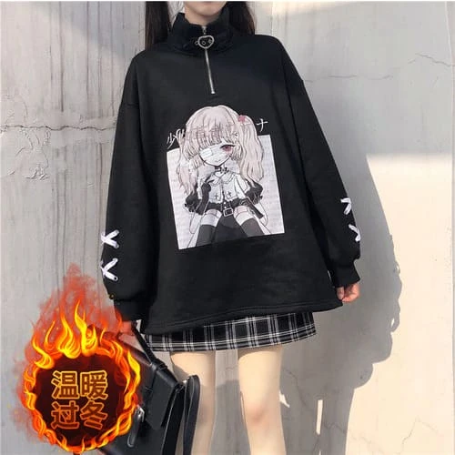 Black White Anime Girl Print Zipper Sweatshirt EG570 10 Black White Anime Girl Print Zipper Sweatshirt EG570 - Image 10