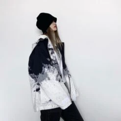 Black White Landscape Painting Printed Hooded Jacket EG237 -EgrilDoll Fashion Outlet Store black white landscape painting printed hooded jacket eg237 coat 689