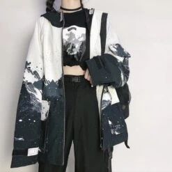 Black White Landscape Painting Printed Hooded Jacket EG237 -EgrilDoll Fashion Outlet Store black white landscape painting printed hooded jacket eg237 coat 730