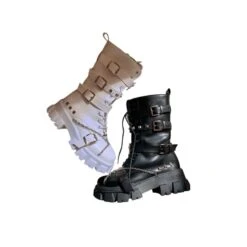 Black White Punk Cross Chains Boots ON175 -EgrilDoll Fashion Outlet Store black white punk cross chains boots on175 668