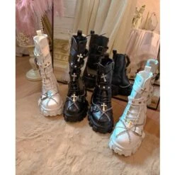 Black White Punk Cross Chains Boots ON175 -EgrilDoll Fashion Outlet Store black white punk cross chains boots on175 fleece lined short and random left right feet 892