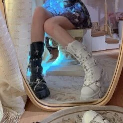 Black White Punk Cross Chains Boots ON175 -EgrilDoll Fashion Outlet Store black white punk cross chains boots on175 one and random left right feet 22cm 35 686
