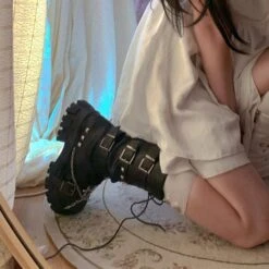 Black White Punk Cross Chains Boots ON175 -EgrilDoll Fashion Outlet Store black white punk cross chains boots on175 velvet 22cm 35 611