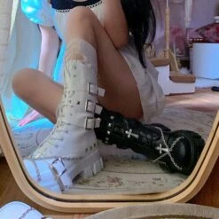 Black White Punk Cross Chains Boots ON175 -EgrilDoll Fashion Outlet Store black white punk cross chains boots on175 velvet one random left and right feet 22cm 35 475