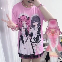 Black/Pink/White Harajuku Maid Gorls Anime T-shirt EE0929
