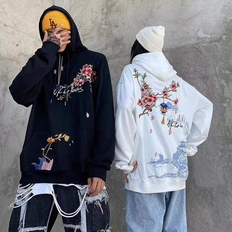 Black/White Embroidery Flowers Design Cool Couples Hoodies EG459 2 Black/White Embroidery Flowers Design Cool Couples Hoodies EG459 - Image 2