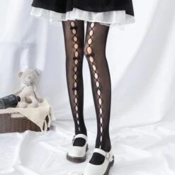 Black/White Gothic Lolita Grid Lace Bowknot Moon Stocking Tights BE471 -EgrilDoll Fashion Outlet Store blackwhite gothic lolita grid lace bowknot moon stocking tights be471 658