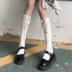 Black/White Lolita Bandage Bowknot Cotton Knee-High JK Knee Socks EG17339