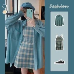 Blue Sunscreen Shirt + Plaid Sling Slim A-line Dress Two-piece Suit SP15624
