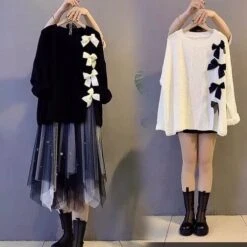 Bow Knot Decor Split Sweater Tulle Skirt Two Pieces Set ON241 -EgrilDoll Fashion Outlet Store bow knot decor split sweater tulle skirt two pieces set on241 black m 197