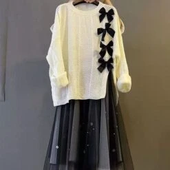 Bow Knot Decor Split Sweater Tulle Skirt Two Pieces Set ON241 -EgrilDoll Fashion Outlet Store bow knot decor split sweater tulle skirt two pieces set on241 white m 665