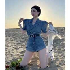 Casual Blue Denim Overalls Belted Shorts ON13 -EgrilDoll Fashion Outlet Store casual blue denim overalls belted shorts on13 120