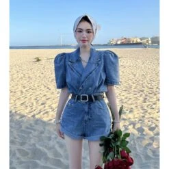 Casual Blue Denim Overalls Belted Shorts ON13 -EgrilDoll Fashion Outlet Store casual blue denim overalls belted shorts on13 653