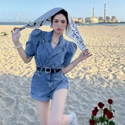Casual Blue Denim Overalls Belted Shorts ON13 -EgrilDoll Fashion Outlet Store casual blue denim overalls belted shorts on13 877