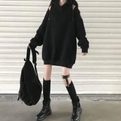Casual Comfy Black Harajuku Gothic Zipper Off The Shoulder Oversized Hoodie EG15945 -EgrilDoll Fashion Outlet Store casual comfy black harajuku gothic zipper off the shoulder oversized hoodie eg15945 497