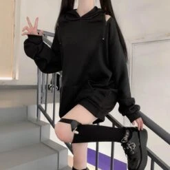 Casual Comfy Black Harajuku Gothic Zipper Off The Shoulder Oversized Hoodie EG15945 -EgrilDoll Fashion Outlet Store casual comfy black harajuku gothic zipper off the shoulder oversized hoodie eg15945 548